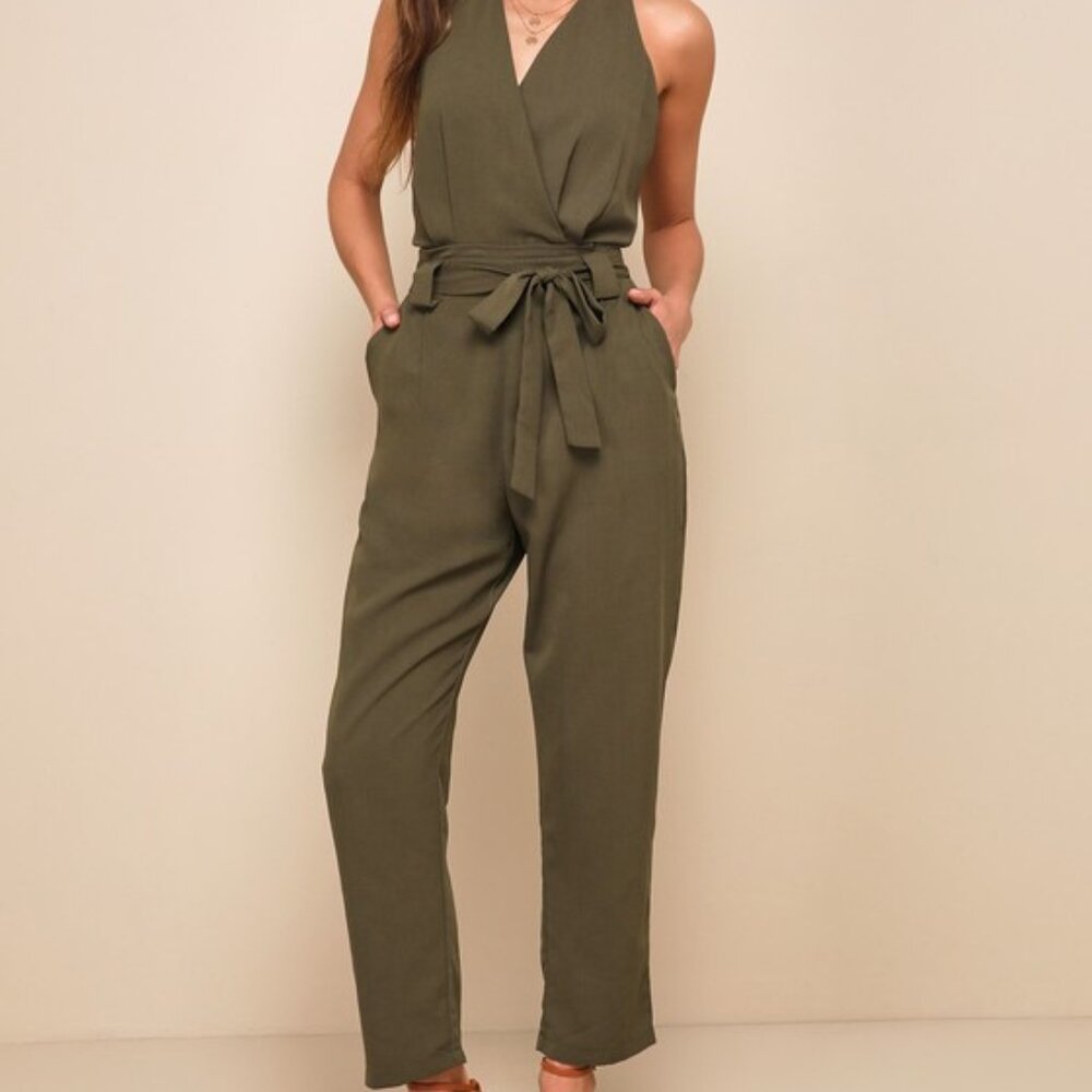Lulus In The City Olive Green Surplice Sleeveless Jumpsuit - Size S